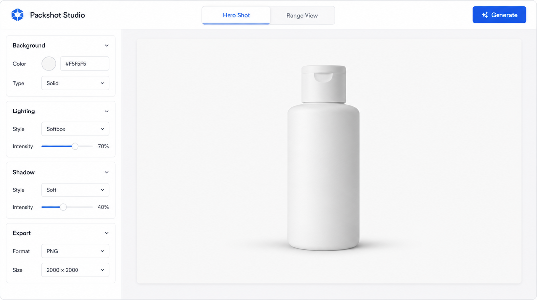 A clean packshot workflow panel showing a canvas with a centred product placeholder, a left sidebar with controls labelled 'Background', 'Lighting',