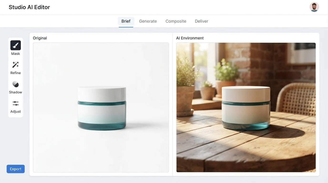 A split-panel image editor interface: left panel shows a product on a white background labelled 'Original'; right panel shows the same product