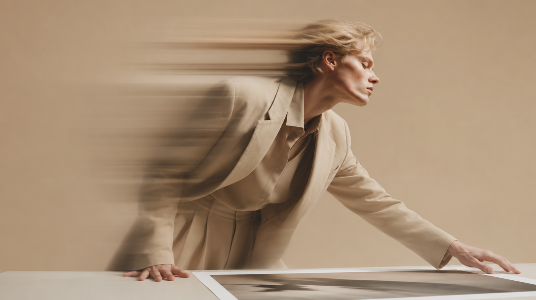 A person in a sand-toned outfit mid-lean over a light table, three-quarter view, one arm extended as if scrutinising an unbranded print laid flat in