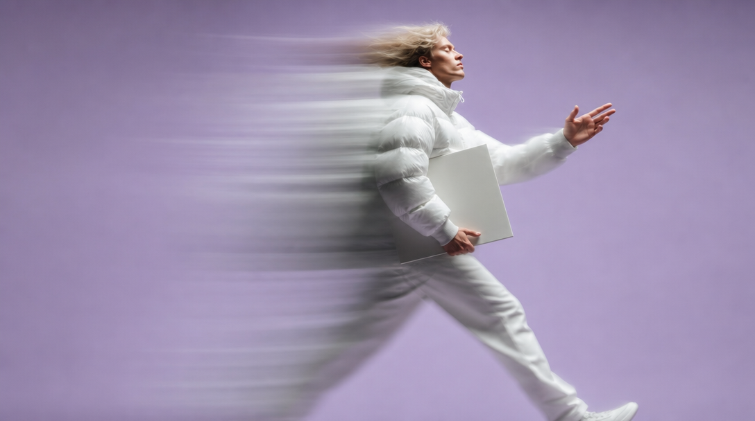 A person mid-step across a lilac-backdrop studio, profile view, carrying a large unbranded binder under one arm while gesturing forward with the