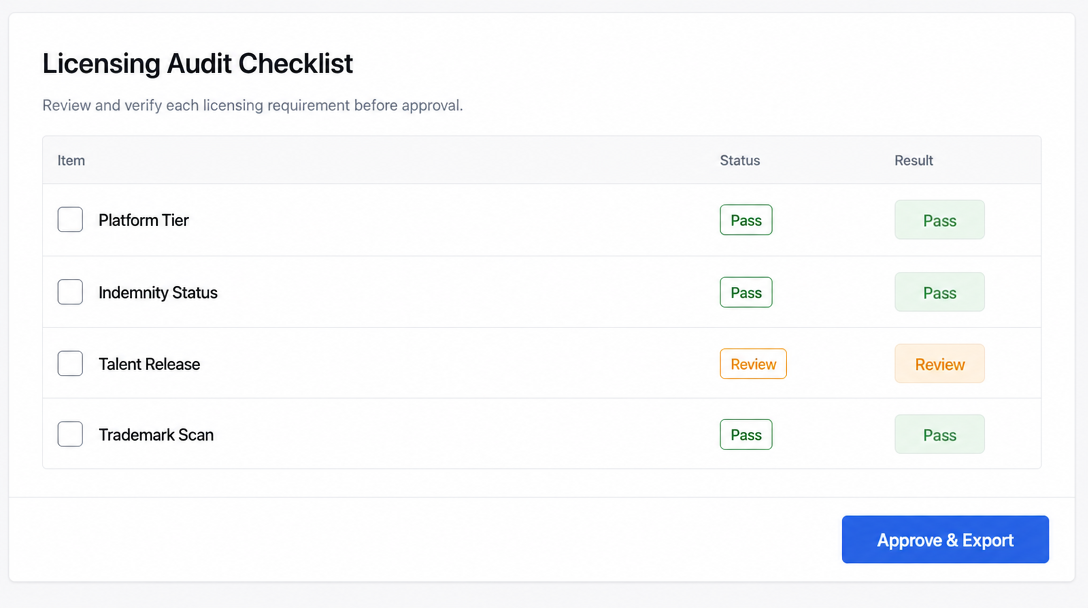 A licensing audit checklist panel with sections labelled 'Platform Tier', 'Indemnity Status', 'Talent Release', and 'Trademark Scan'; each row has a