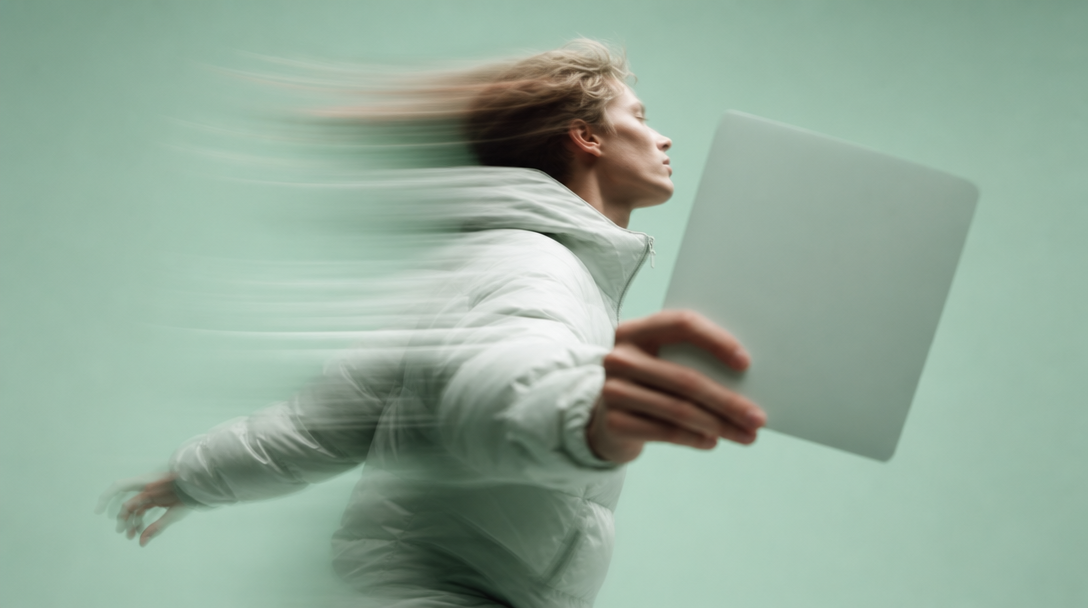 A person mid-turn in a mint-backdrop studio, one hand extended toward camera holding a blank unbranded folder, the other arm trailing behind in motion