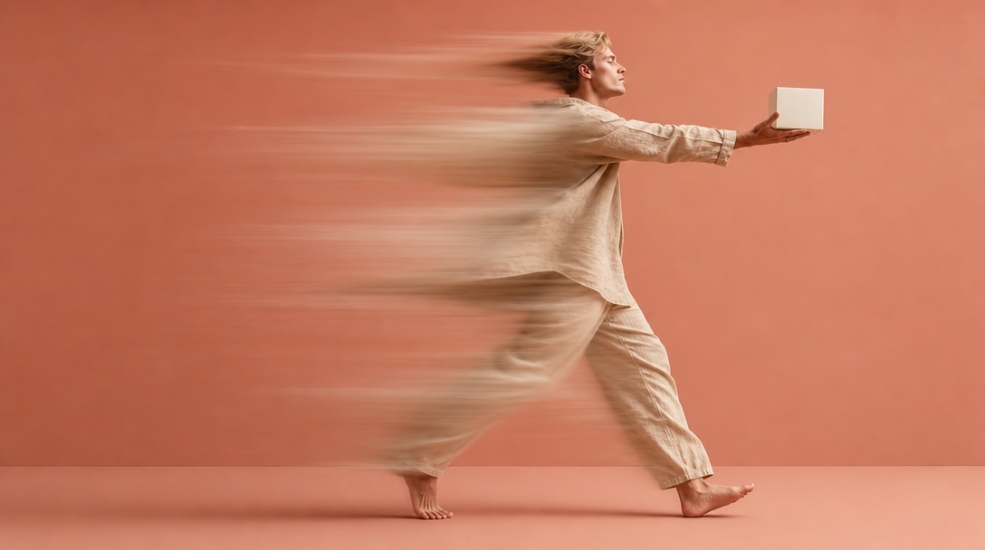 A person in a loose sand-coloured linen shirt mid-step across a clean peach studio floor, holding a small unbranded white box at arm's length as if