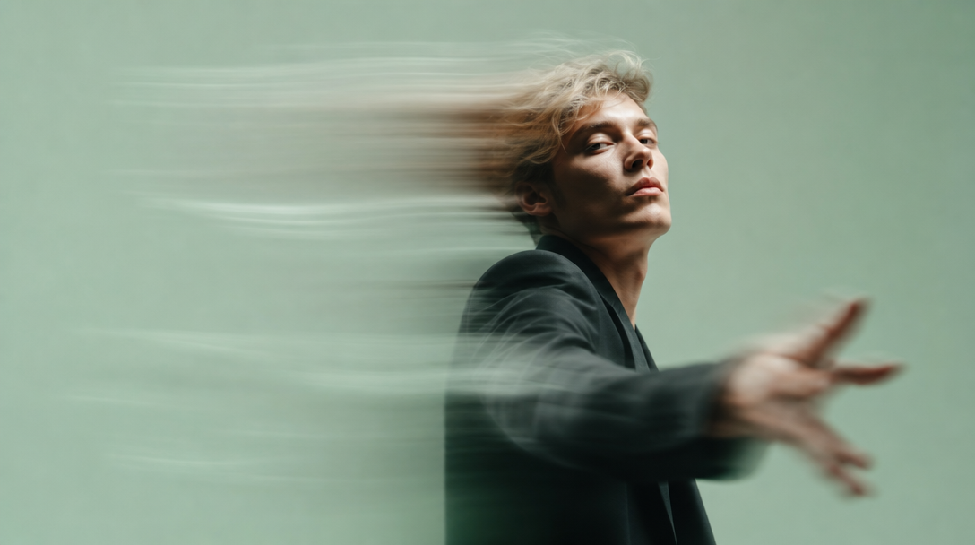 A person in a tailored black jacket mid-turn toward camera, one arm extended gesturing at an unseen setup, in a mint-green studio backdrop environment