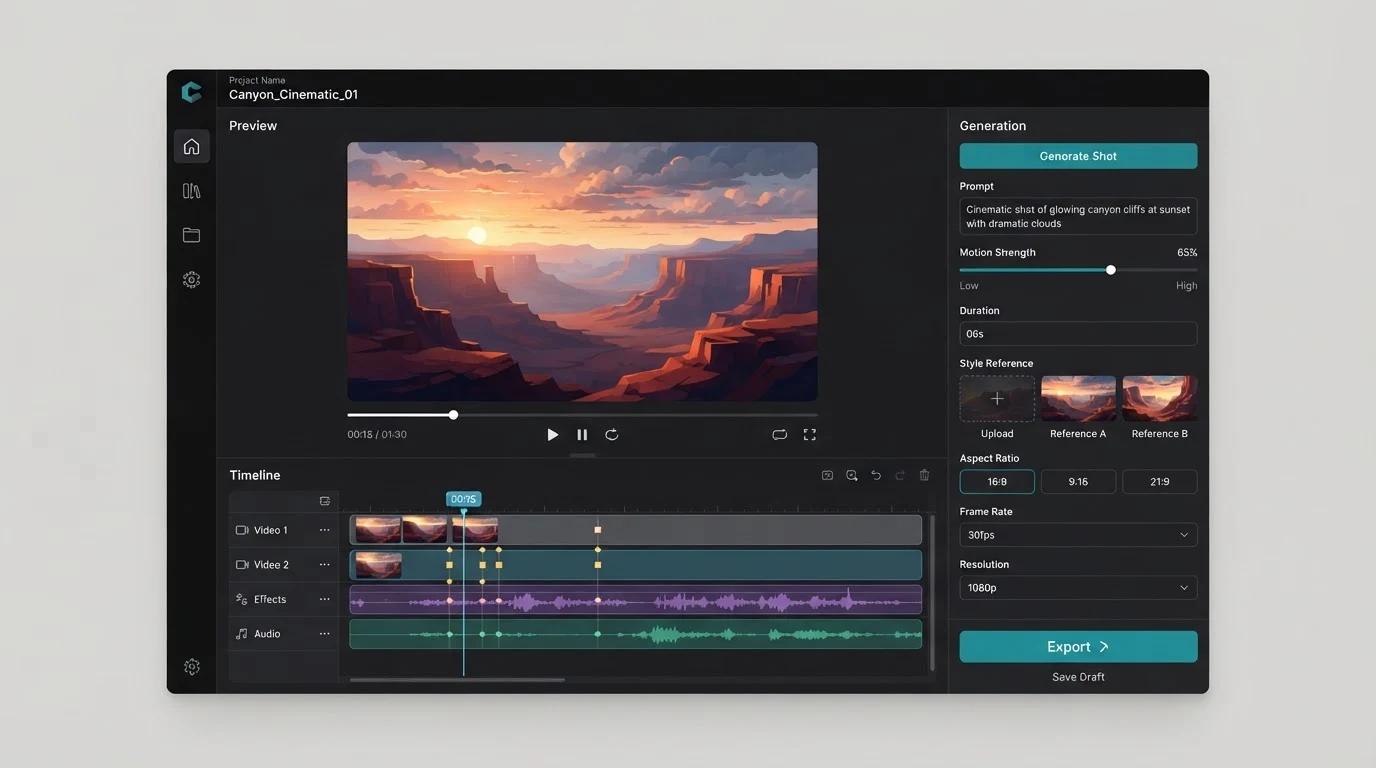 A dark-themed AI video generation interface with a large widescreen preview window at centre, a four-track timeline below it, and a right-side panel