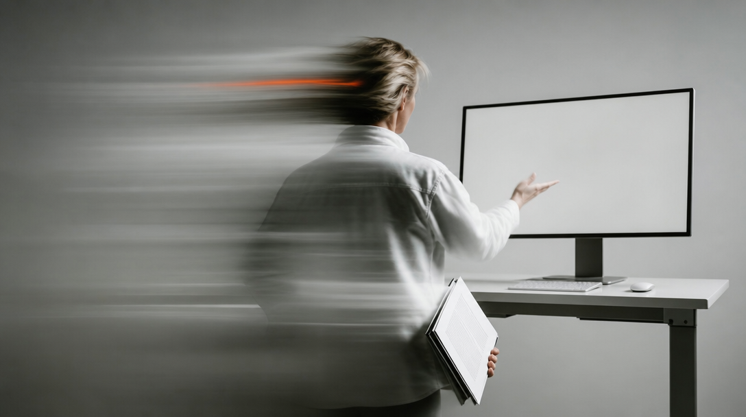 A person mid-spin at a standing desk, one hand gesturing toward a large blank monitor, the other holding a folder of unbranded printed sheets, framed