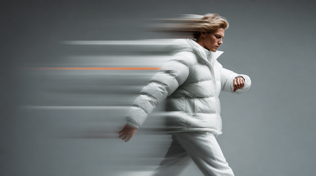 A person mid-stride through a clean studio space, glancing at a wristwatch, arms swinging forward, shot in sharp three-quarter profile against a