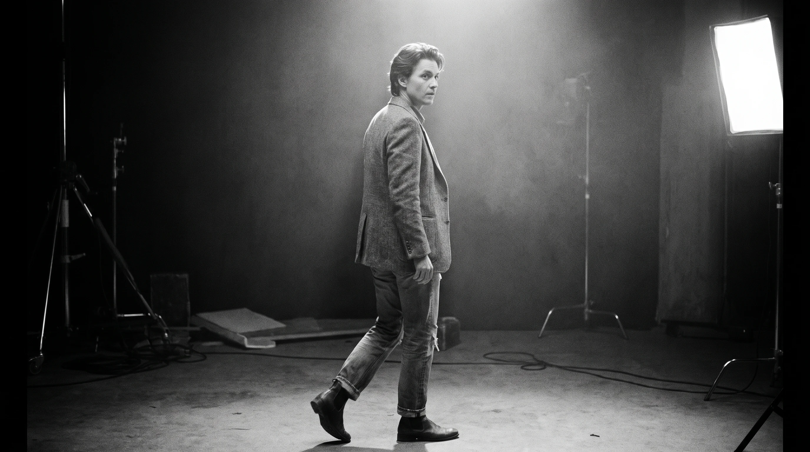 A person in a relaxed blazer mid-step through a sparse film-set-style space, glancing back over one shoulder, profile framing, a single bare softbox