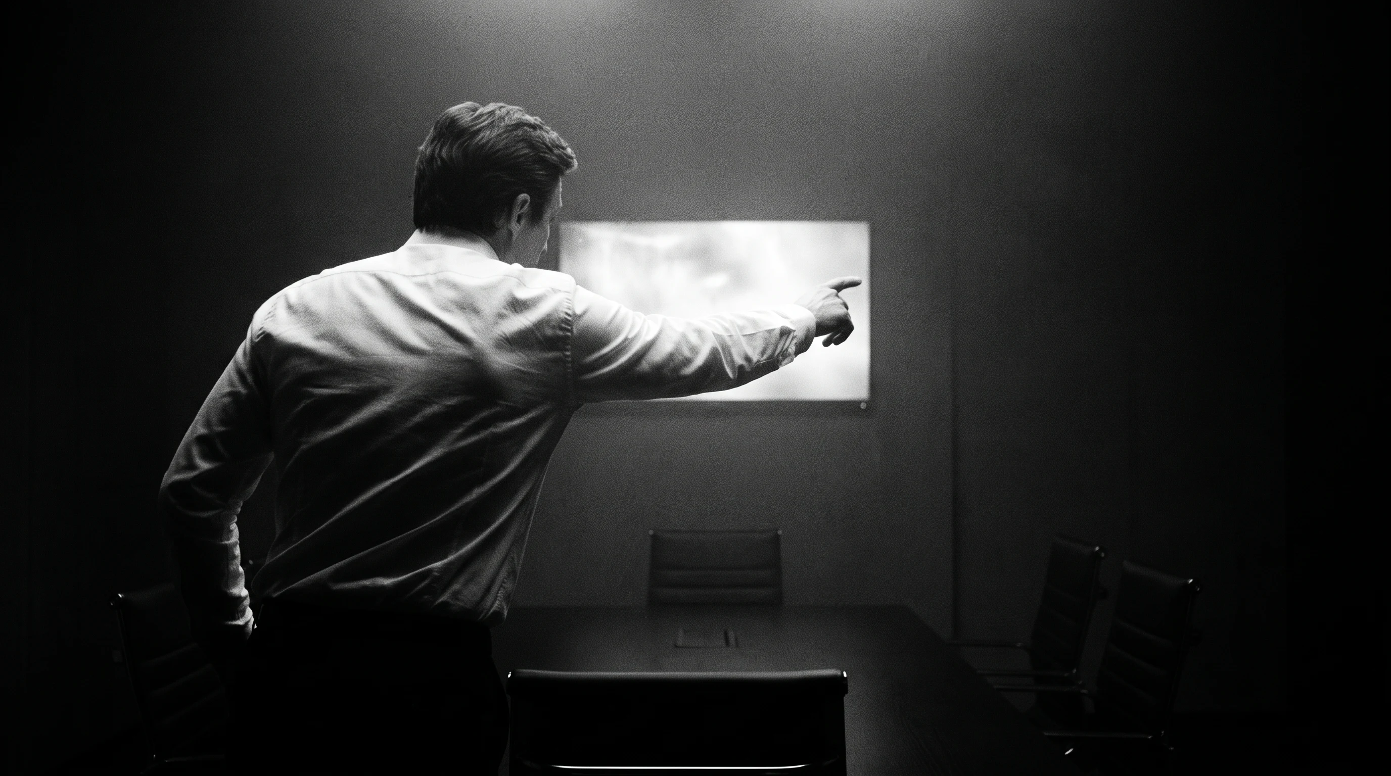 A person in a crisp white shirt reaching forward to point at an unbranded wall-mounted screen, weight shifting mid-lean, from-behind framing in a