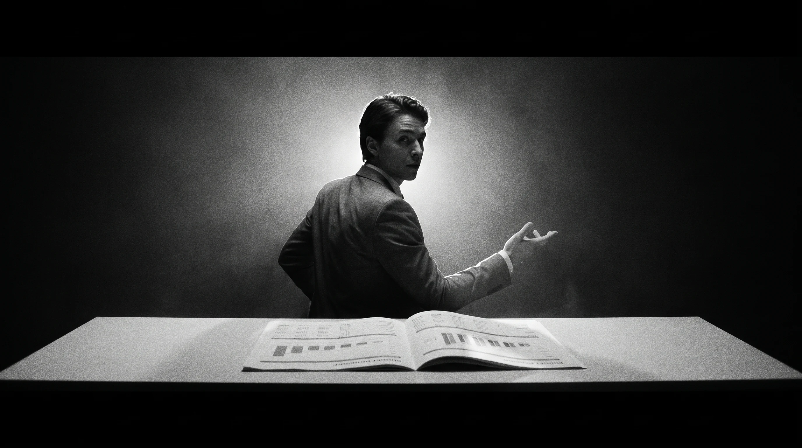 A person in sharp office attire mid-turn at a wide desk, one hand gesturing toward an open spread of unbranded budget documents, three-quarter