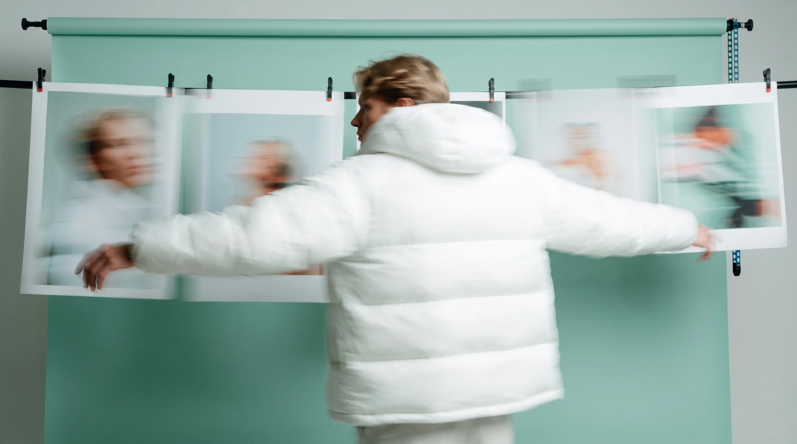 A person mid-spin arms outstretched reviewing unbranded large-format creative prints pinned to a backdrop rail, three-quarter framing, mint studio