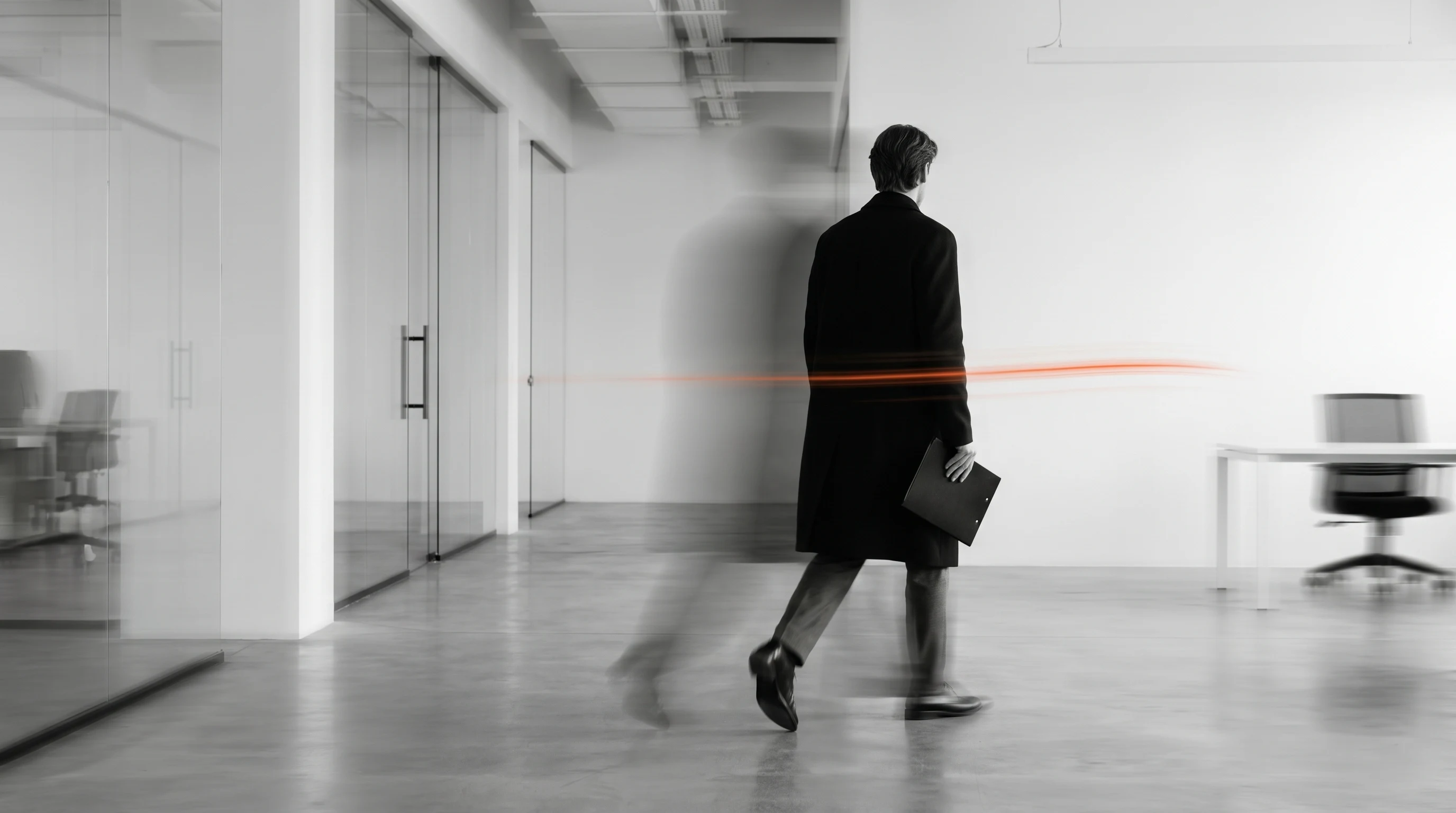 A person mid-step through a clean open workspace, carrying a slim folder loosely at their side, shot from behind at a slight angle, movement caught