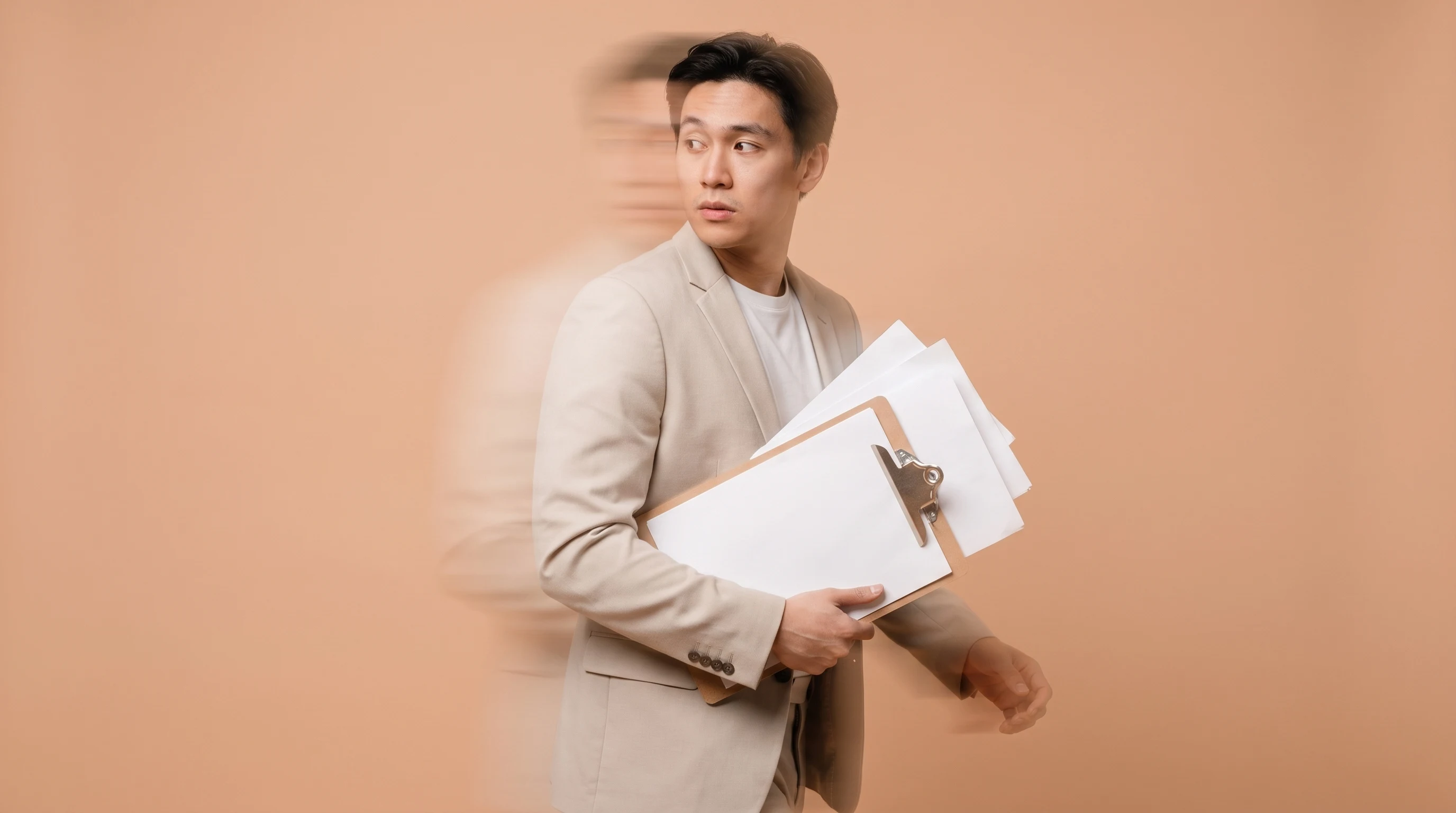 A person mid-step in a peach-backdrop studio, holding a blank clipboard with loose unbranded sheets fanned out, glancing back over one shoulder,