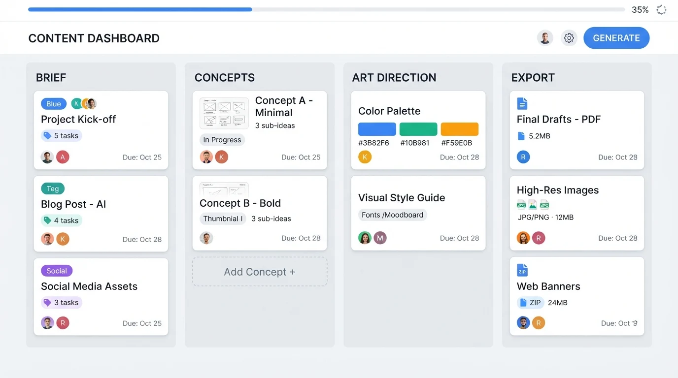 A clean content workflow dashboard with four column panels labelled 'Brief', 'Concepts', 'Art Direction', and 'Export'; each column shows 2-3 stacked
