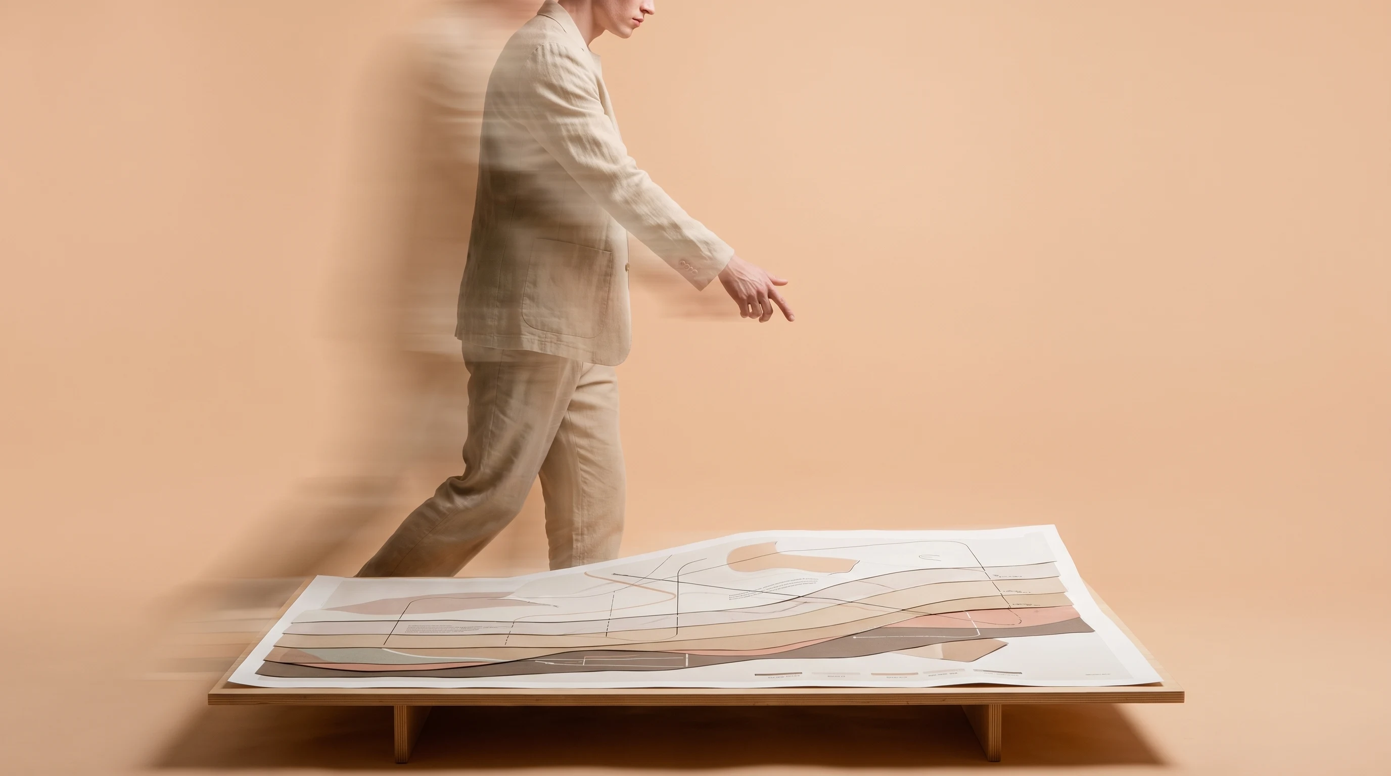 a person mid-step in a sand-toned studio, gesturing downward over a large unbranded layered diagram spread across a low table, profile framing,