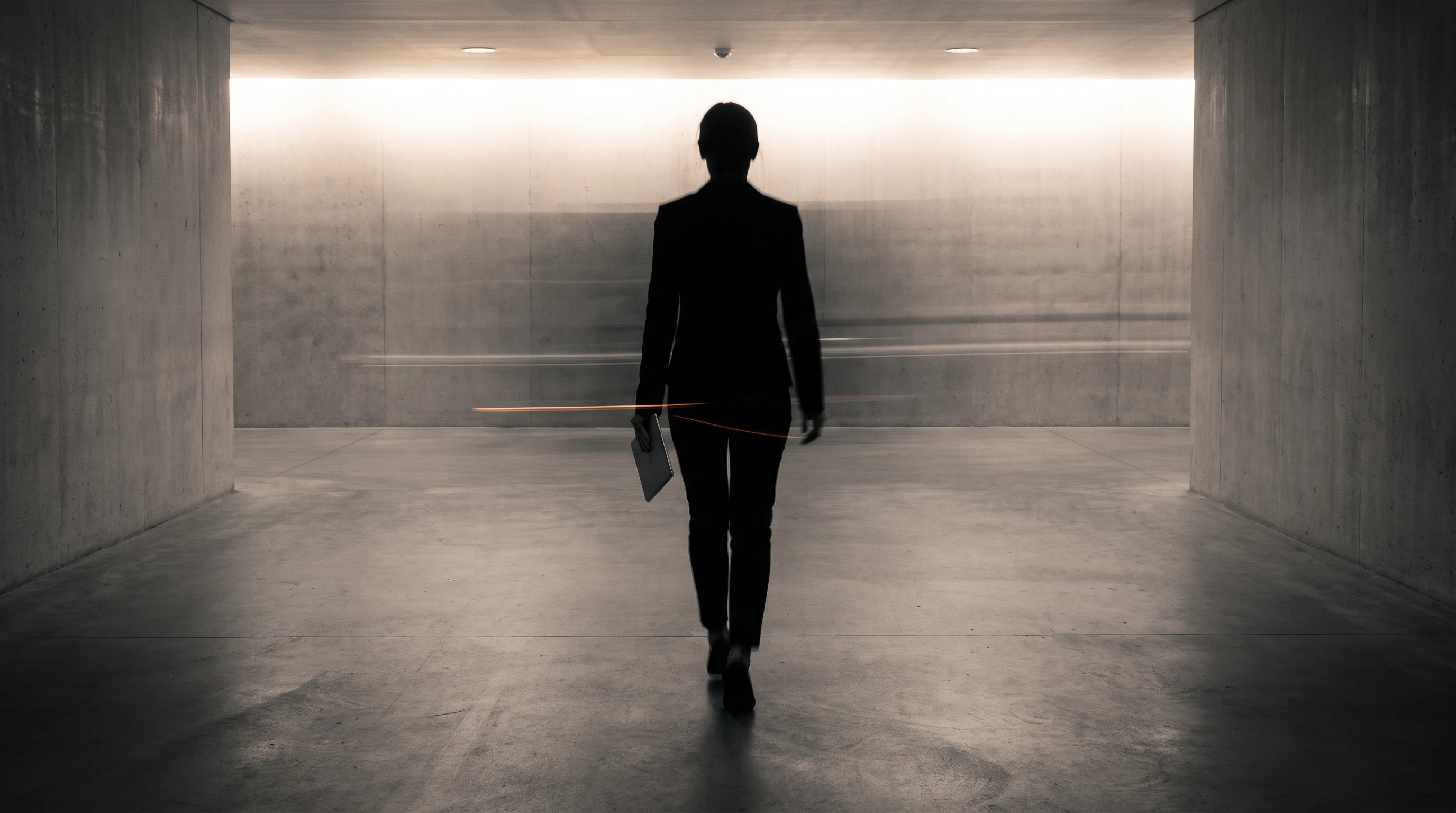 A person mid-stride from behind, carrying a thin tablet loosely at their side, walking through a wide empty corridor with soft overhead light,