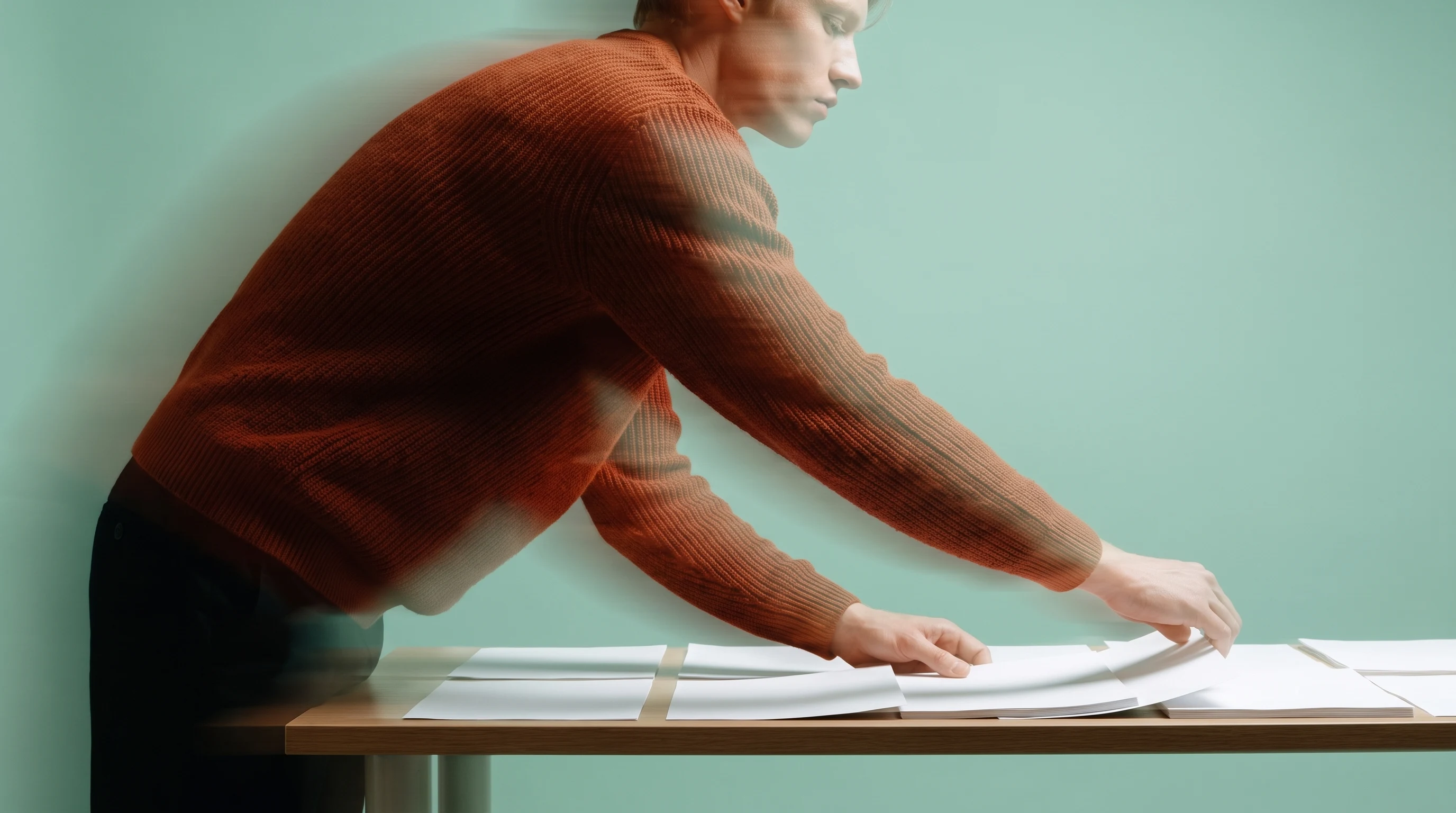 A person mid-lean over a low table in a mint studio, reaching to arrange blank unbranded copy sheets in a neat row, profile framing, rust-toned knit