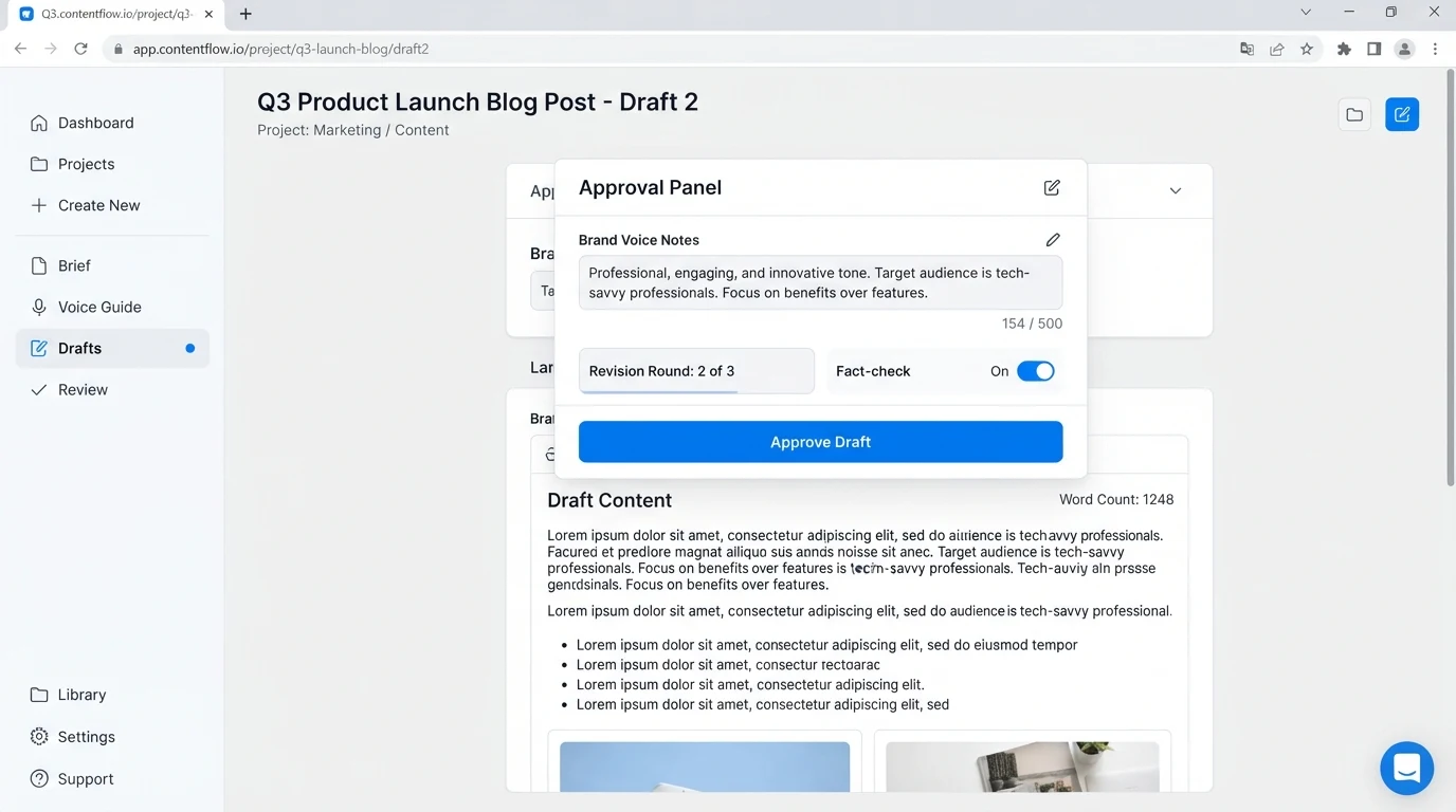 A content workflow interface: left sidebar with tabs 'Brief', 'Voice Guide', 'Drafts', 'Review'; centre panel showing a 'Brand Voice Notes' text