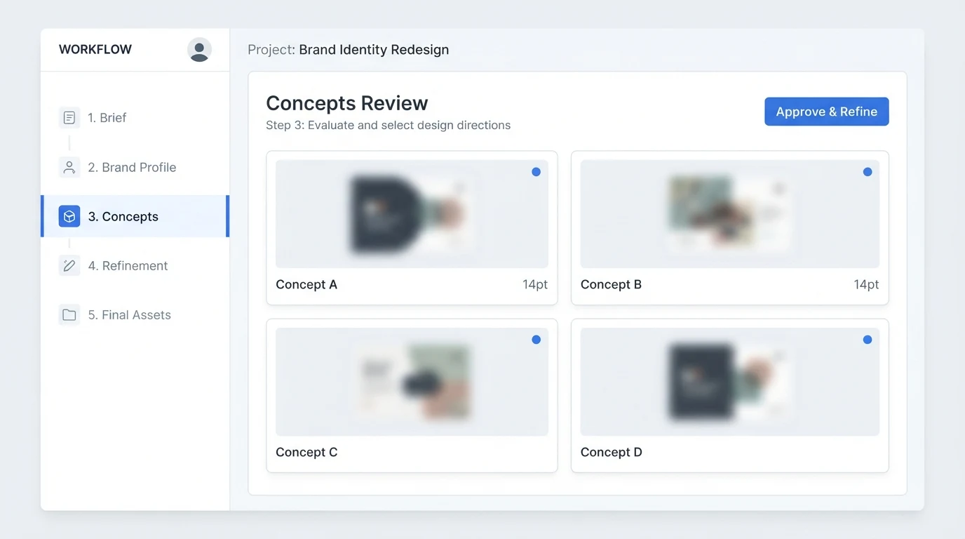 A clean five-step creative workflow dashboard: left sidebar lists steps — Brief, Brand Profile, Concepts, Refinement, Final Assets — with step 3