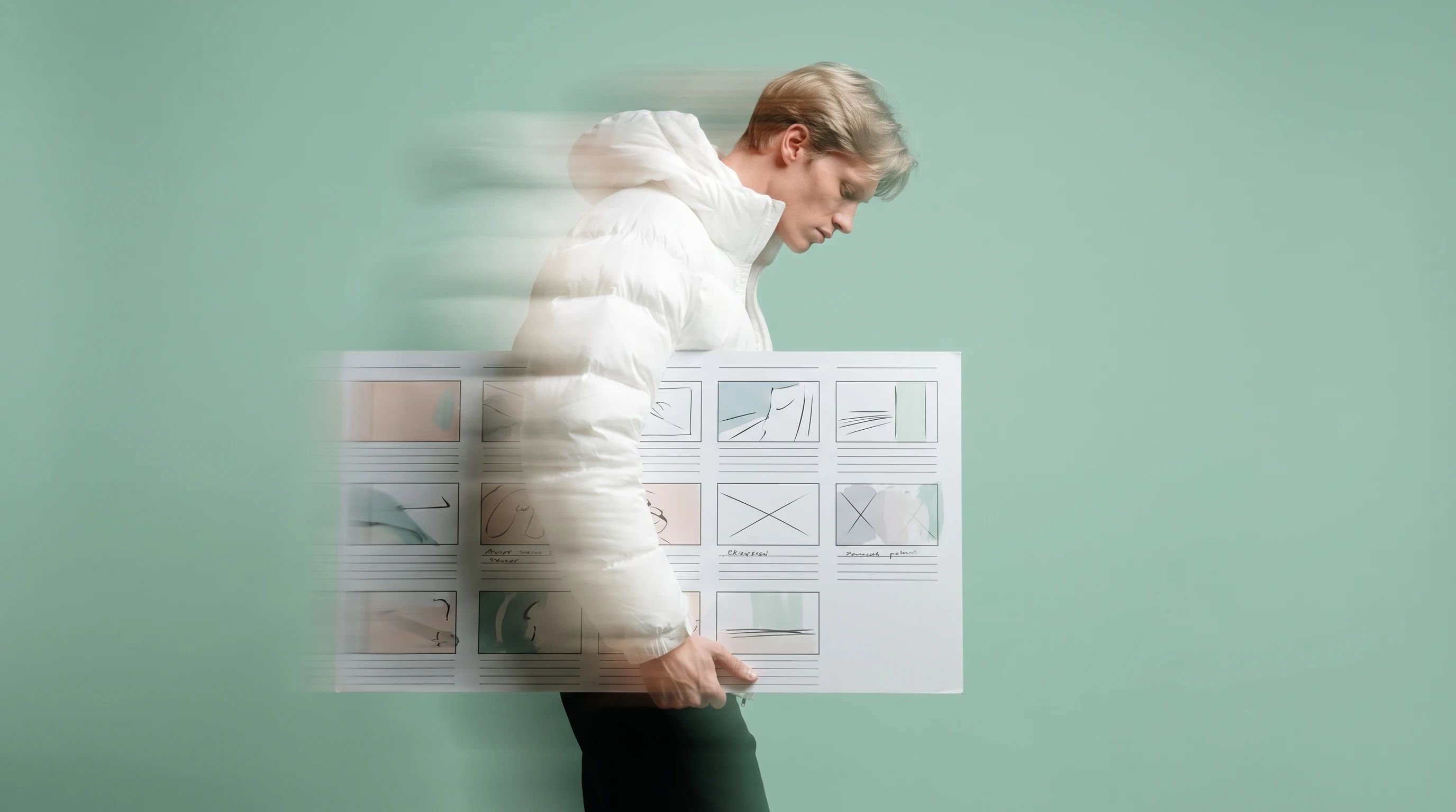 a person mid-step in a mint-backdrop studio, holding a large unbranded printed storyboard grid at arm's length, profile framing, reviewing it with a