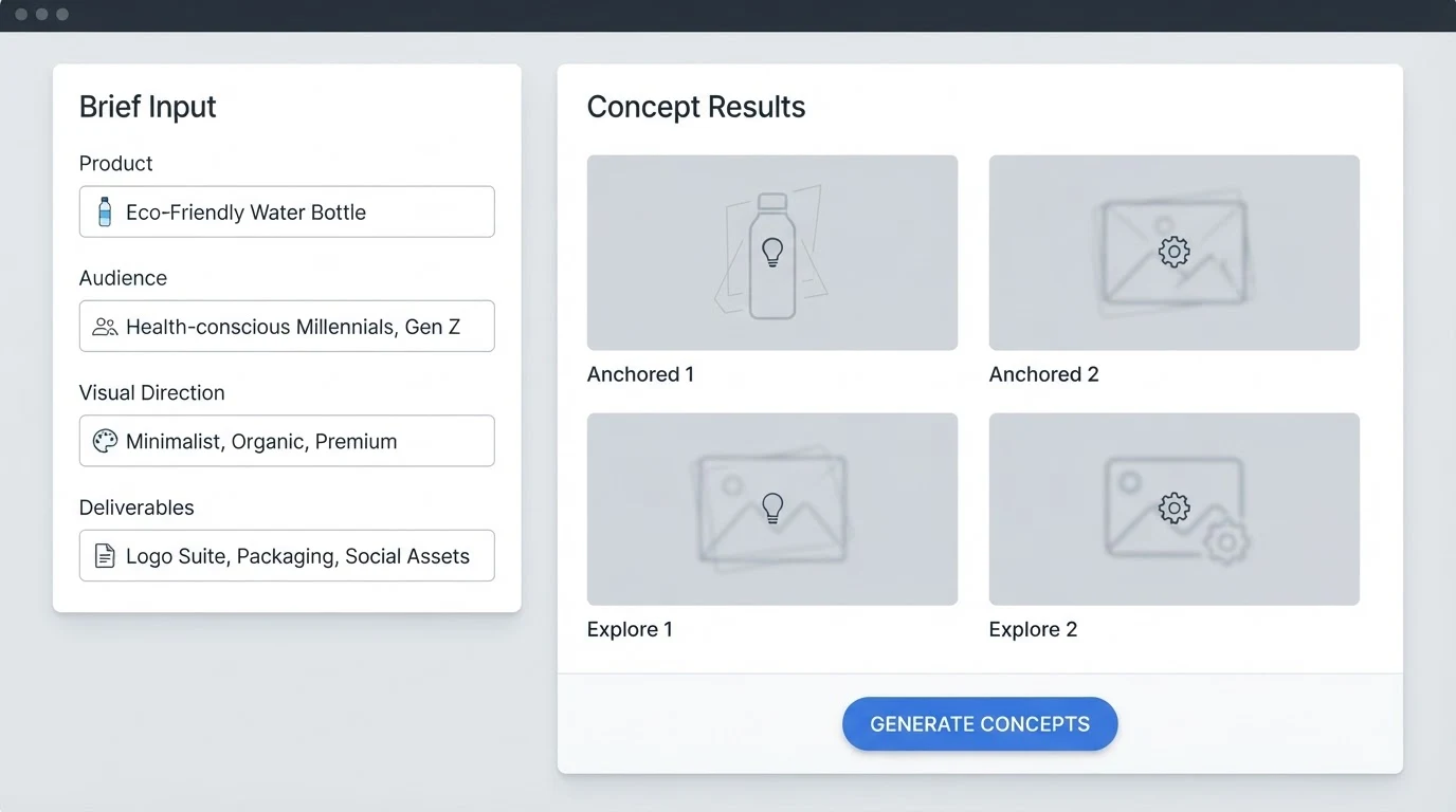 A concept generation dashboard showing a left panel labelled 'Brief Input' with four filled fields: 'Product', 'Audience', 'Visual Direction',
