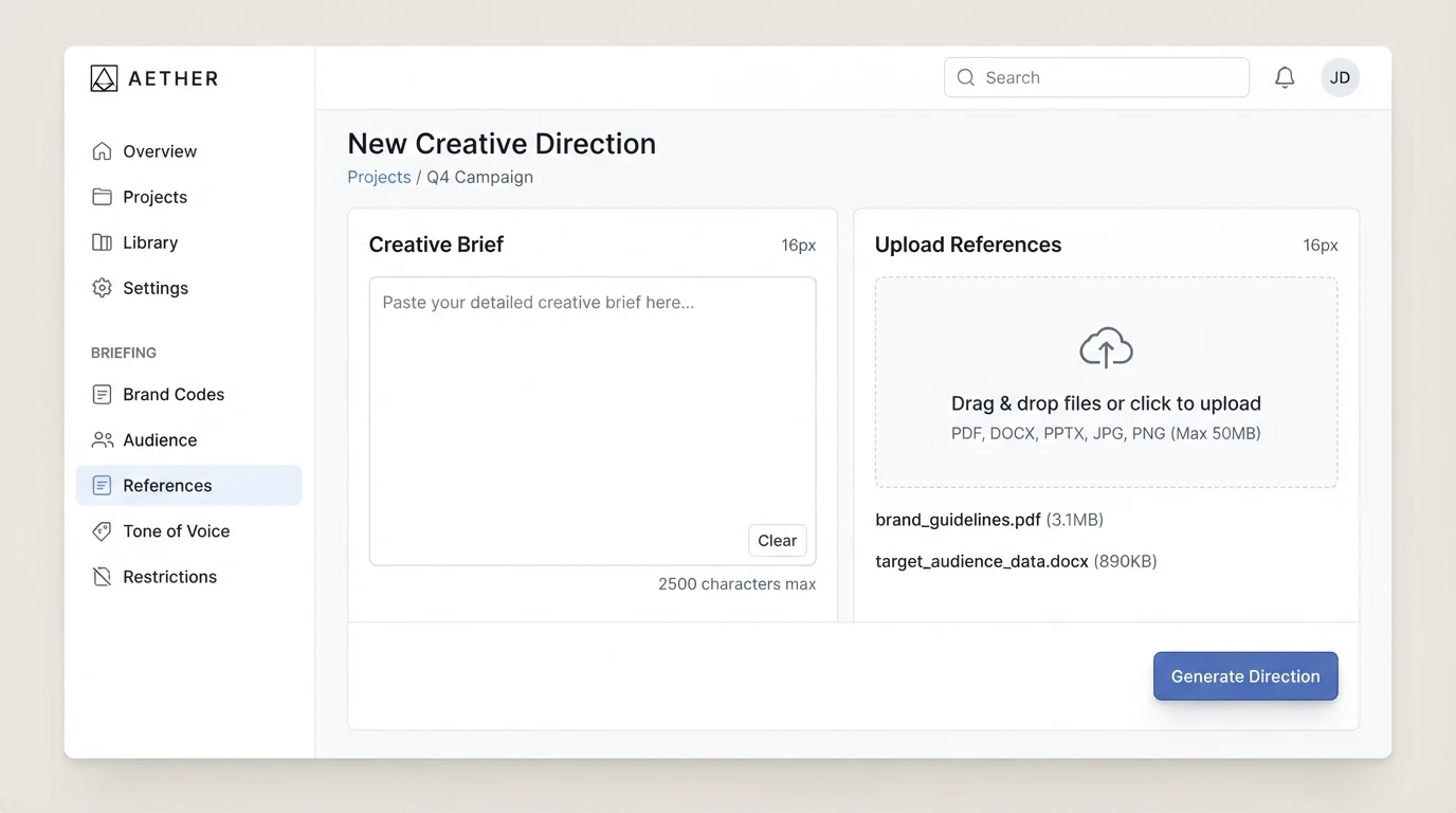 A simple brief-intake dashboard with a left sidebar listing five labelled sections: Brand Codes, Audience, References, Tone of Voice, Restrictions.