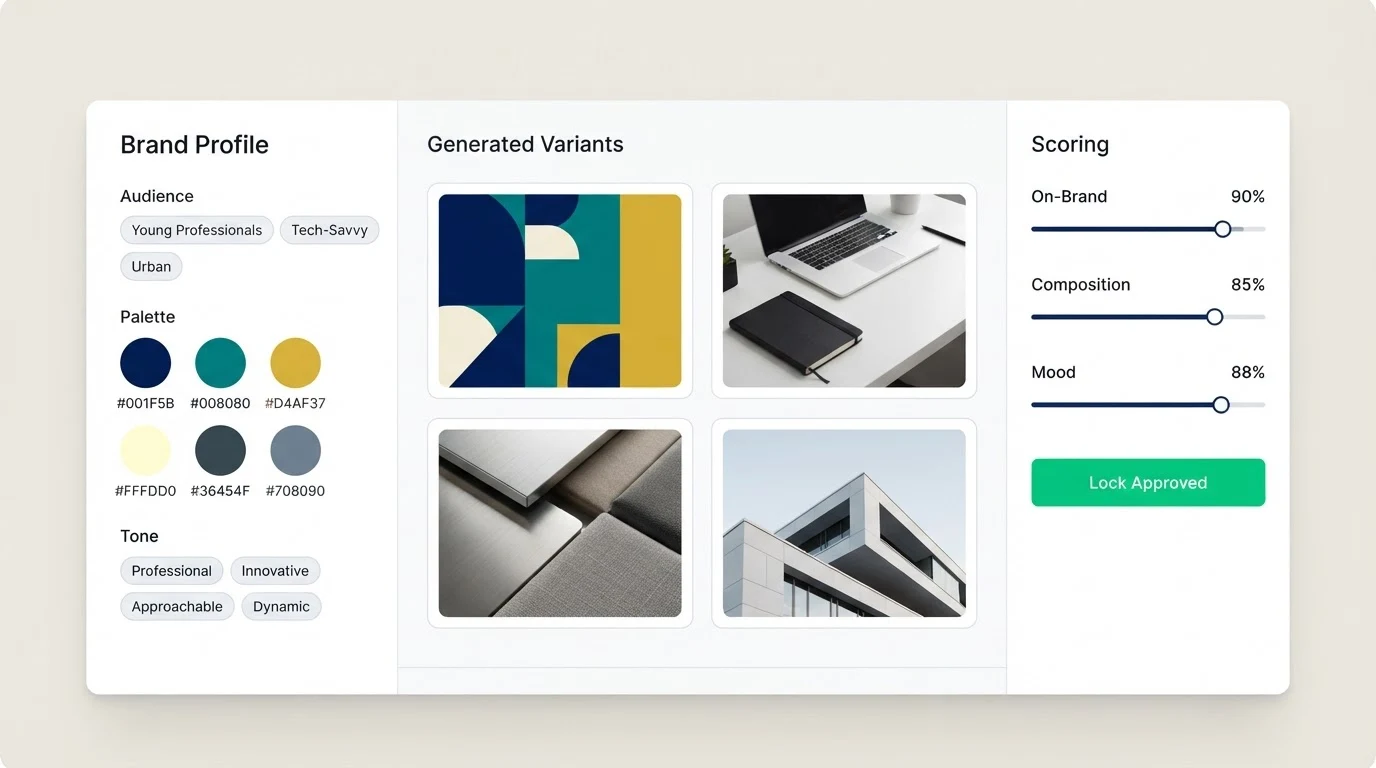 A clean creative direction dashboard showing a left panel labelled 'Brand Profile' with fields for Audience, Palette, and Tone; a centre canvas with
