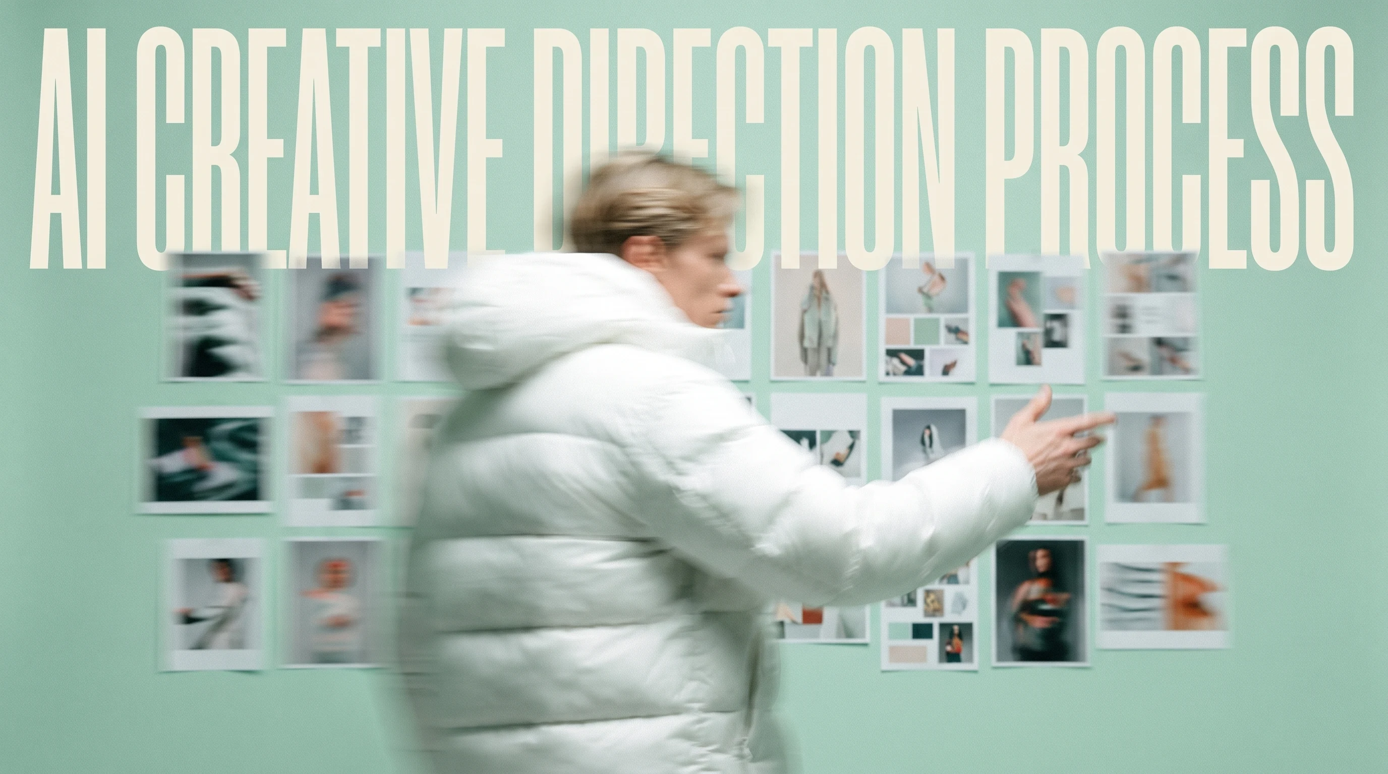 A person mid-turn in a mint-green studio, gesturing toward a wall of unbranded mood-board prints pinned in a grid, three-quarter framing