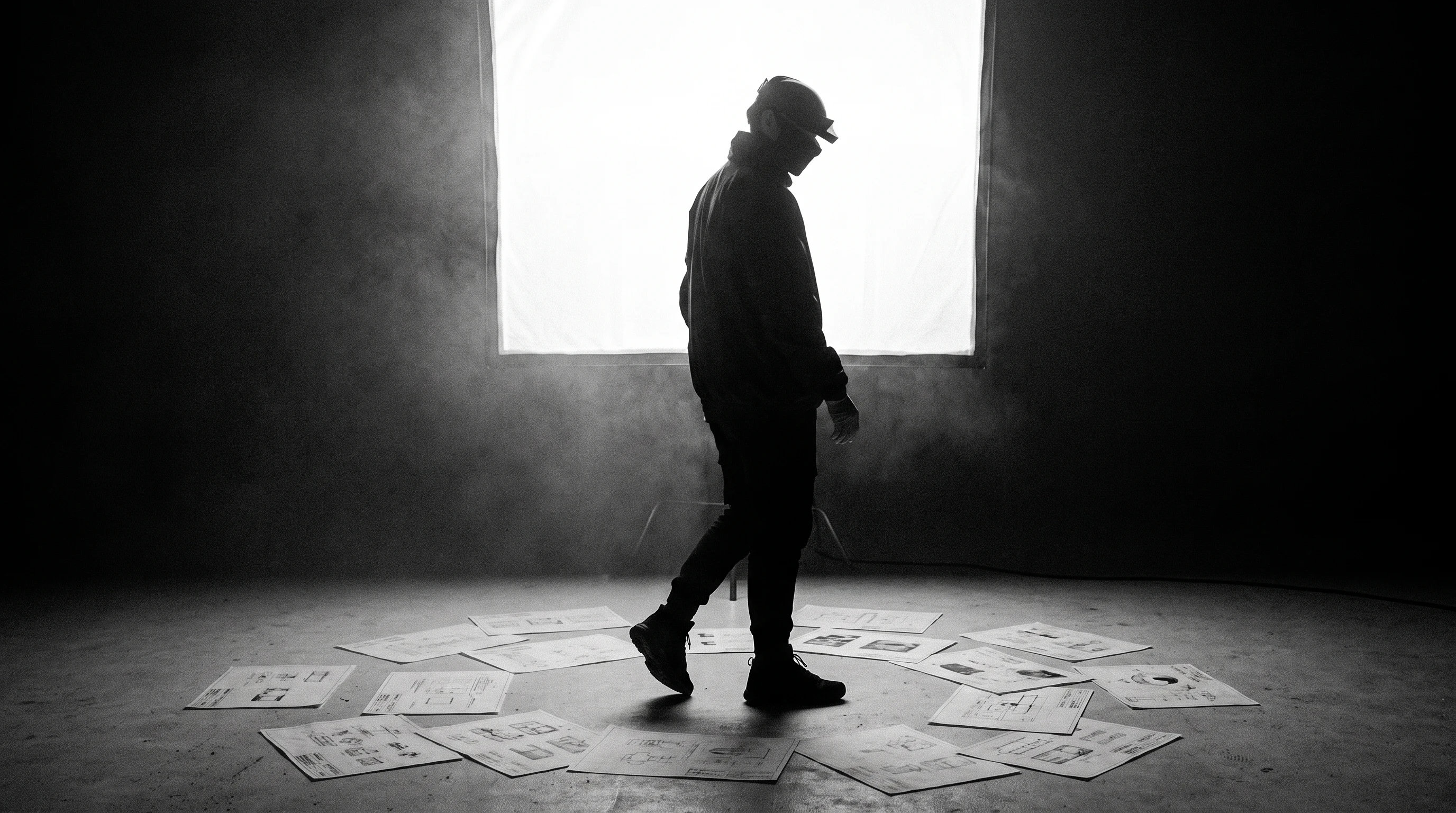A person mid-step away from a wide light table, looking back over their shoulder, silhouetted against a softbox glow, scattered unbranded layout