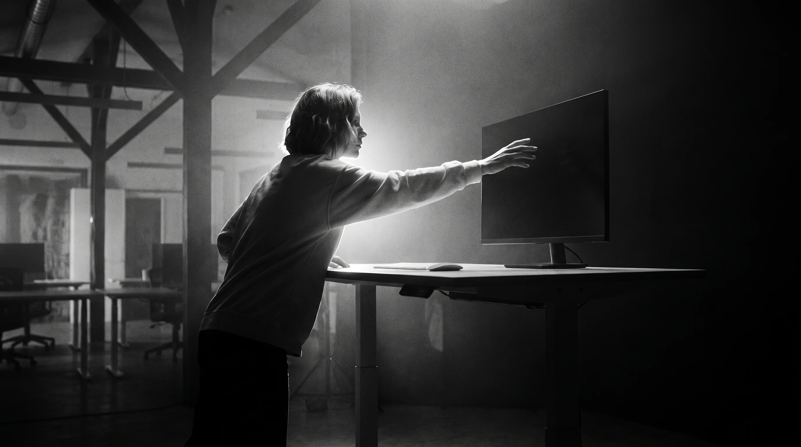 A person mid-reach across a standing desk in profile, arm extended toward a blank monitor, posture decisive, a sparse open-plan studio receding