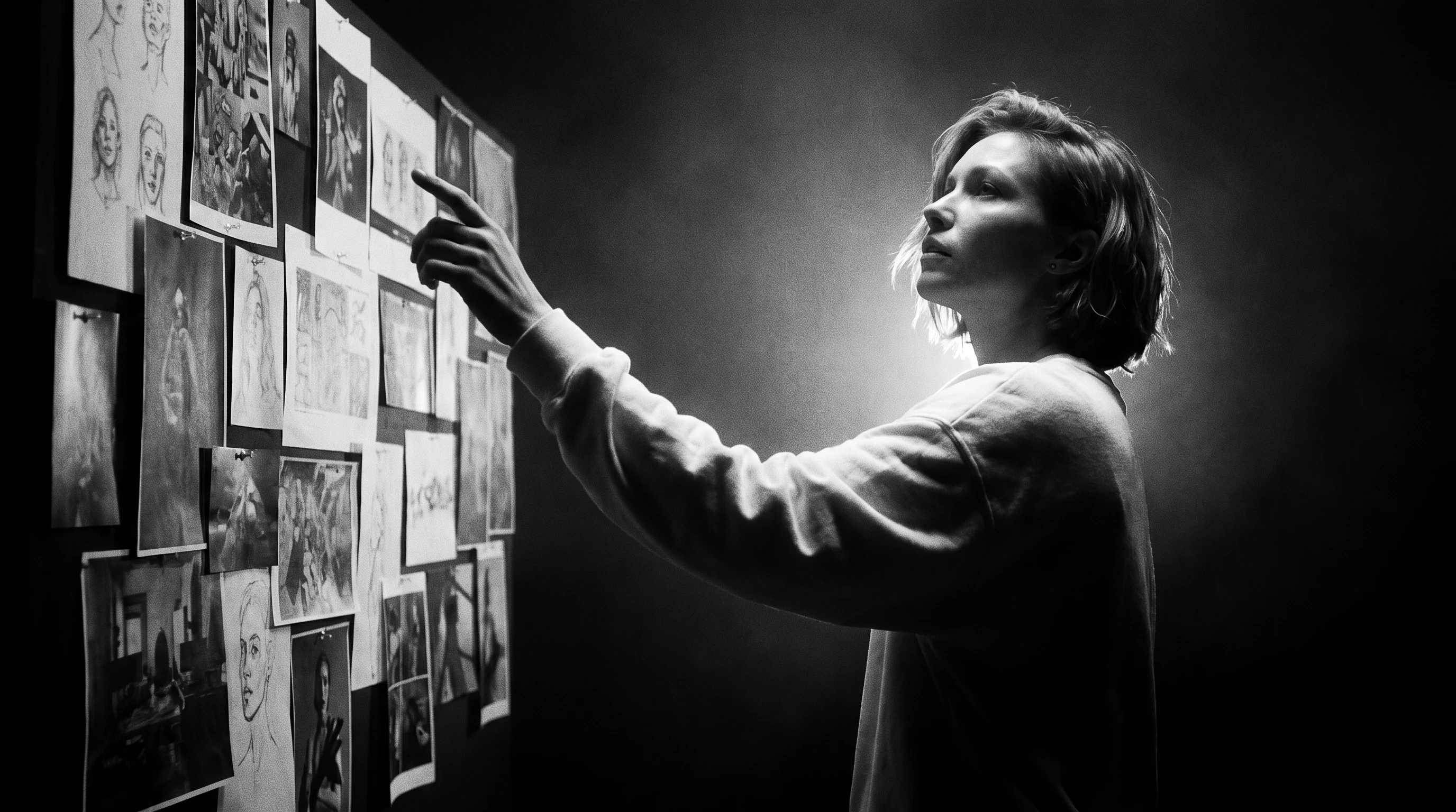 A person mid-turn in a large studio, one hand raised in a decisive gesture toward an unbranded wall of pinned reference prints, framing obscured at
