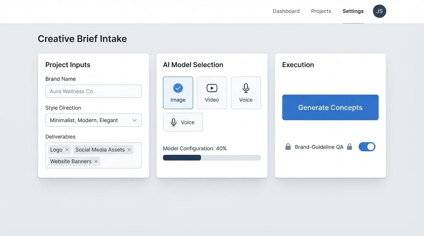 A simple creative brief intake dashboard: a left panel with fields labelled 'Brand Name', 'Style Direction', and 'Deliverables'; a centre panel