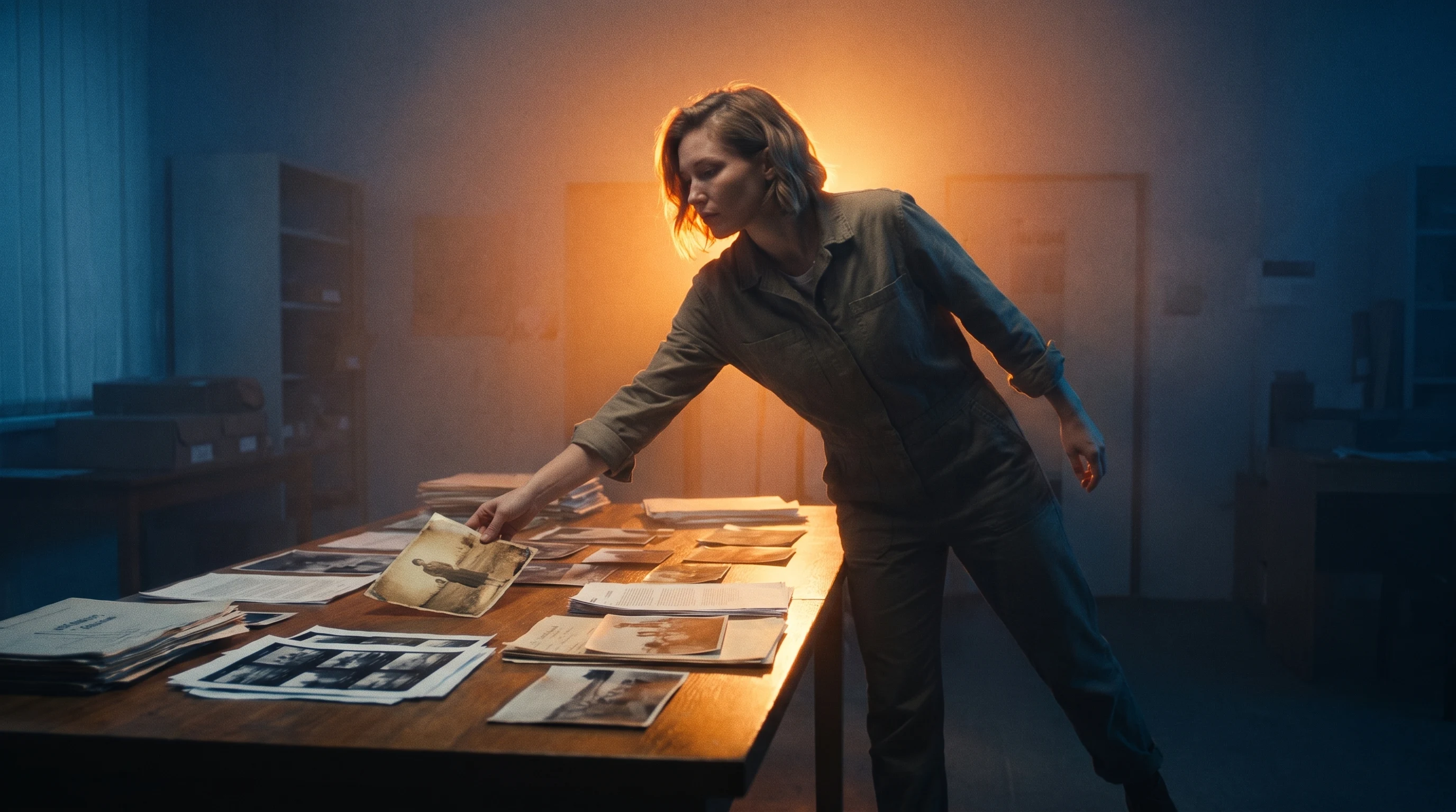 a documentary director mid-step through a sparse archival research space, papers and stills spread across a wide table, reaching toward one