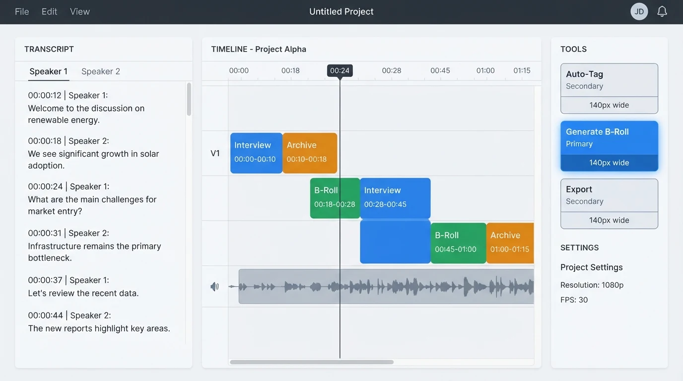 A minimal video post-production dashboard showing a transcript panel on the left with timestamped speaker lines, a central timeline with labelled