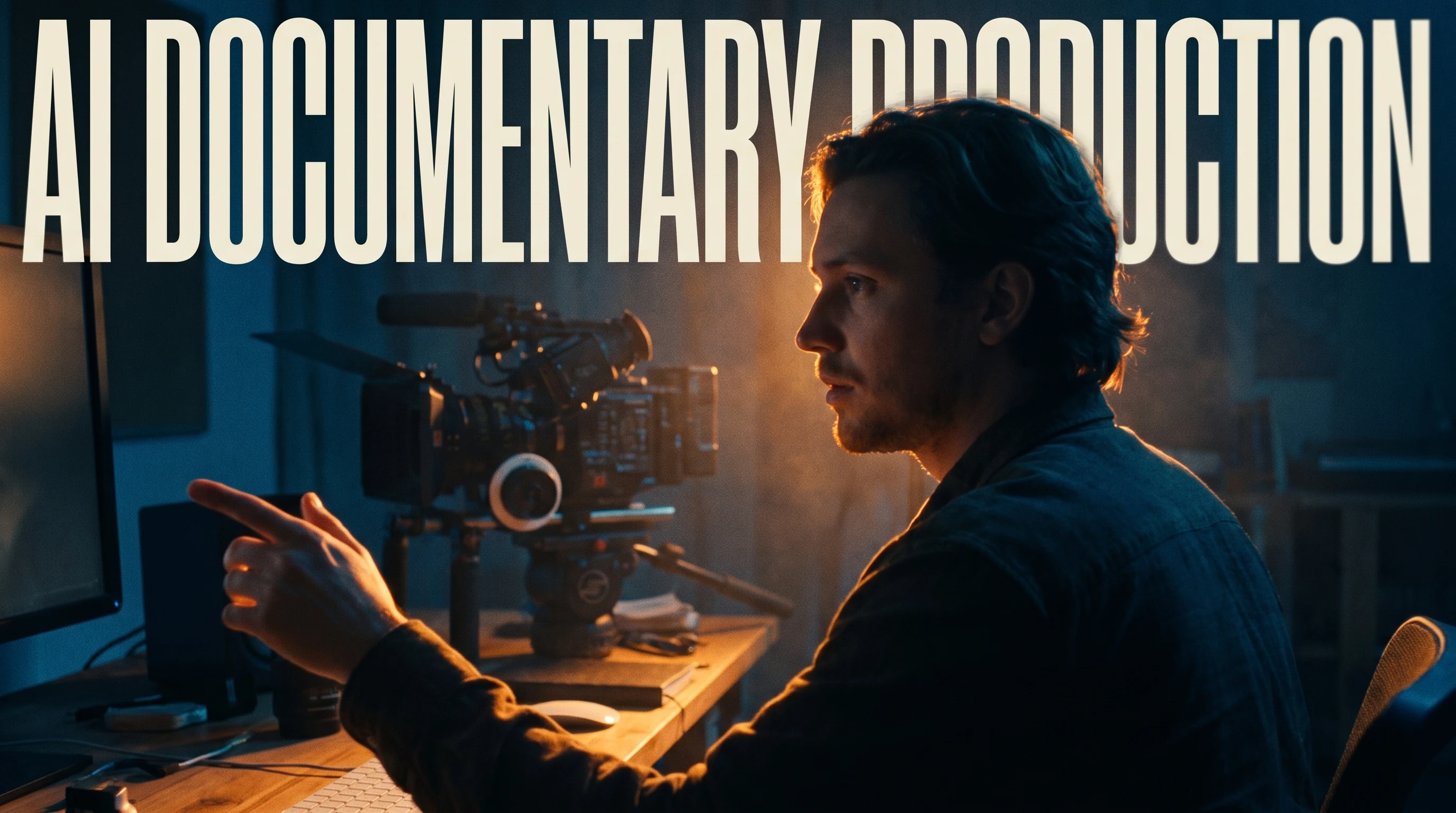 a filmmaker mid-turn in a darkened edit suite, one hand gesturing toward an off-frame monitor, a camera rig resting on the desk behind them