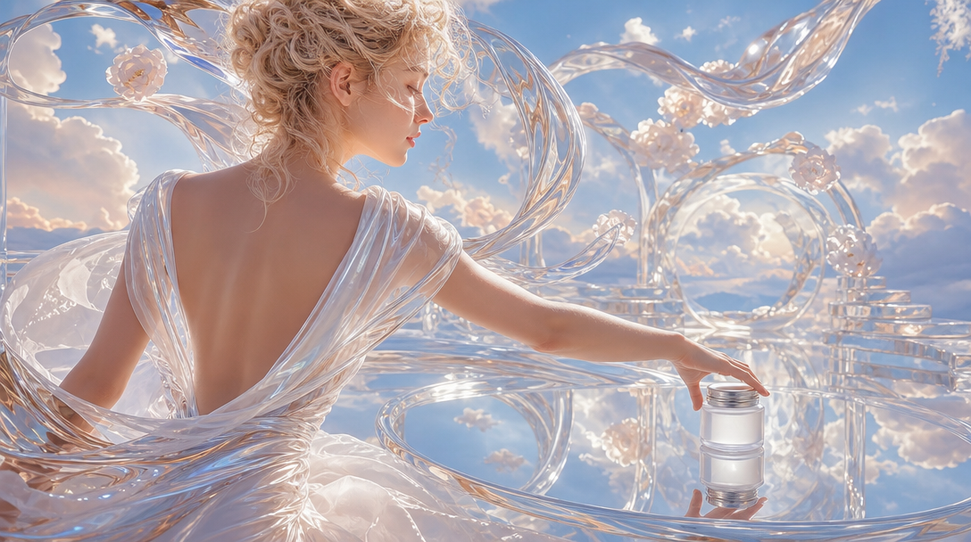 A woman mid-reach over a clean styling surface, three-quarter framing from behind, positioning a small unbranded frosted glass jar against a pale