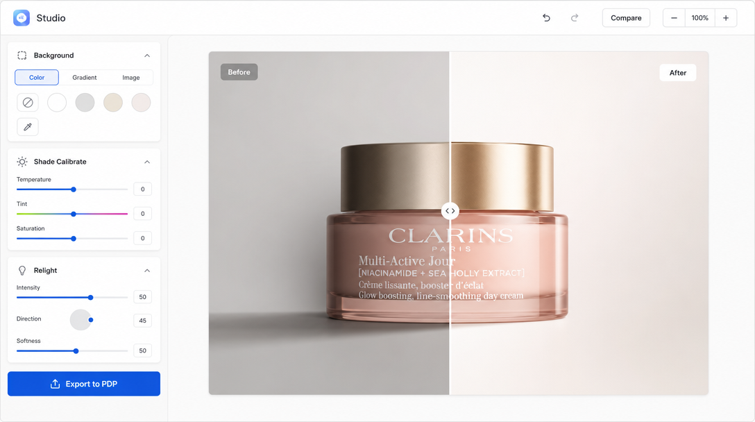 A simple image-editor interface with a centre canvas showing a before/after split of a beauty packshot, left panel with controls labelled