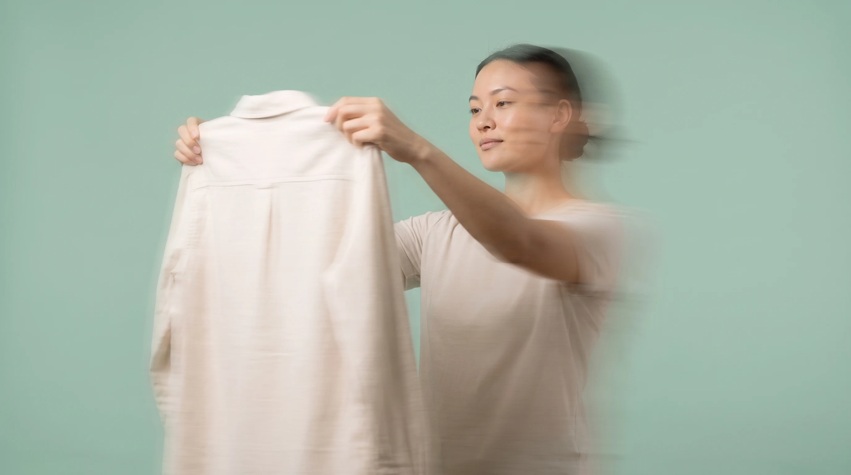 a person mid-turn in a mint studio, holding an unbranded garment up at shoulder height as if reviewing it against a backdrop, three-quarter framing