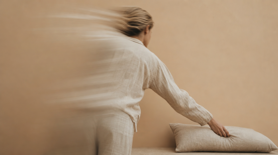 A person mid-reach over a sand-toned backdrop, arranging an unbranded linen cushion on a low surface, shot from behind at a slight angle, one arm