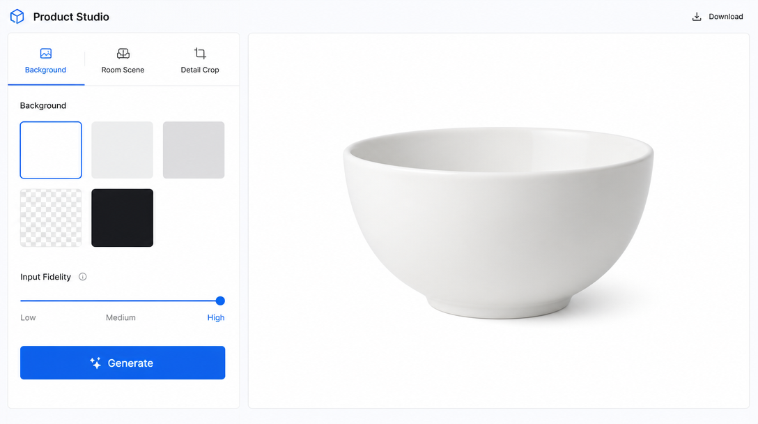 A clean product-photography tool interface showing a centre canvas with a plain white pack-shot of an unbranded bowl, a left panel with tabs labelled