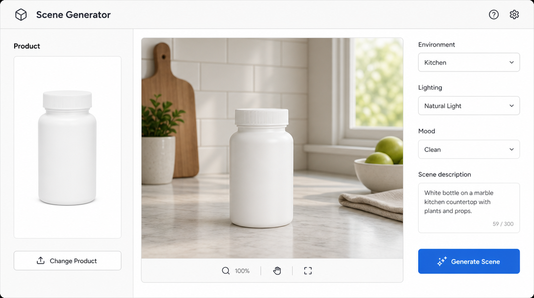 A product scene-generation interface: left panel shows an uploaded plain white bottle image labeled 'Product'; centre canvas displays a generated