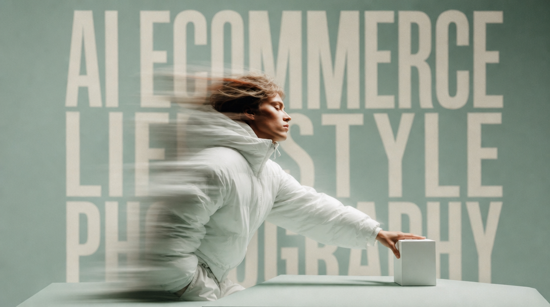 A person mid-reach on a mint-toned paper sweep, positioning a small unbranded white box on a product-styling table, three-quarter framing from slight