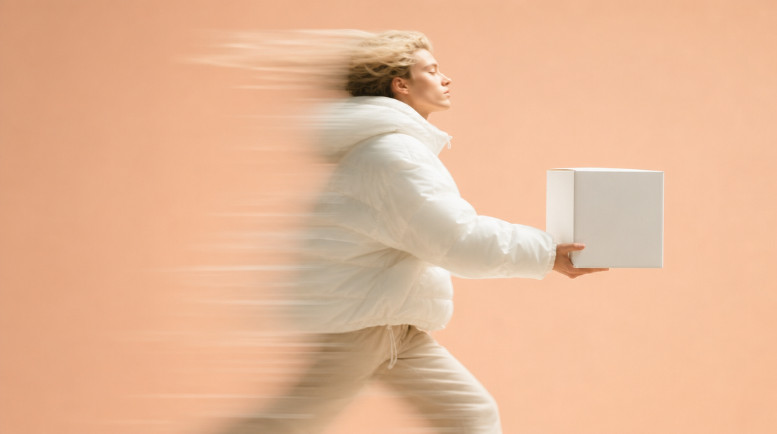A person in profile mid-step through a clean product-styling space, holding a blank unbranded white box at arm's length, peach studio