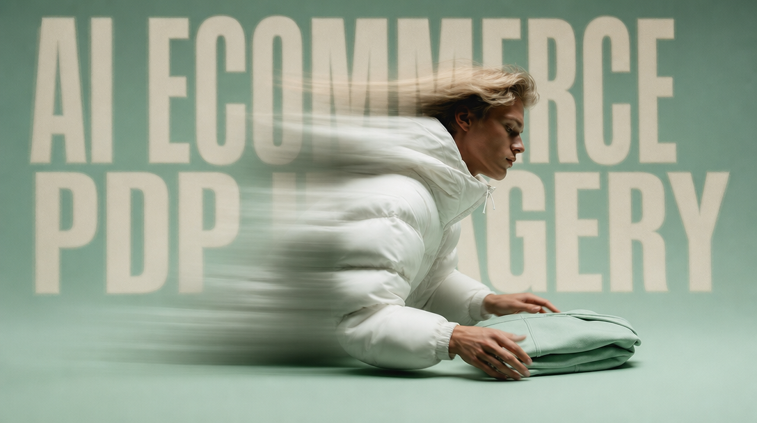 A person mid-lean over a seamless paper backdrop, hands adjusting an unbranded folded garment centered for a hero product shot, mint studio