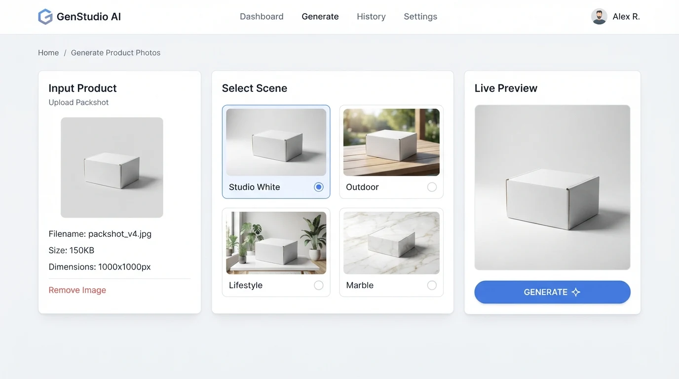 An AI product photo generator screen: left panel shows an uploaded packshot of a plain white box on a neutral background; centre shows a scene-style