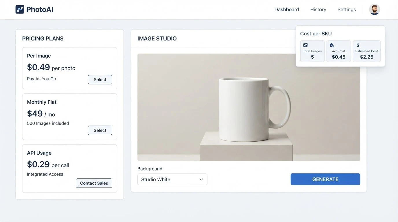 A simple AI product photography pricing dashboard: left panel shows three plan tiers labelled 'Per Image', 'Monthly Flat', 'API Usage' with per-unit