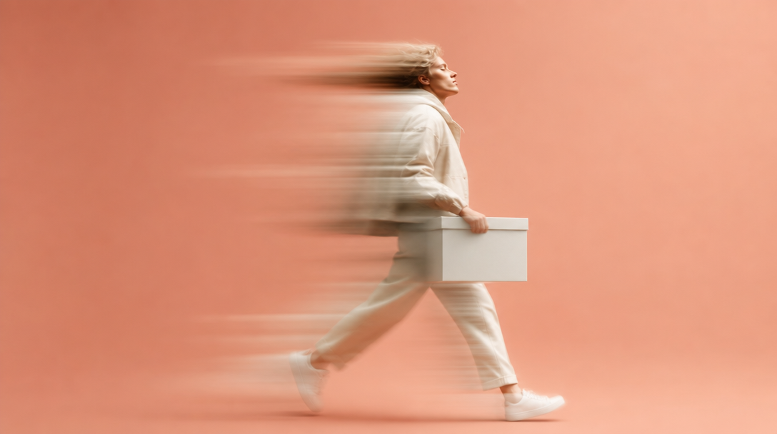 Person mid-step in a peach-backdrop studio, one arm extended holding a plain white unbranded shipping box at hip height, profile framing, relaxed