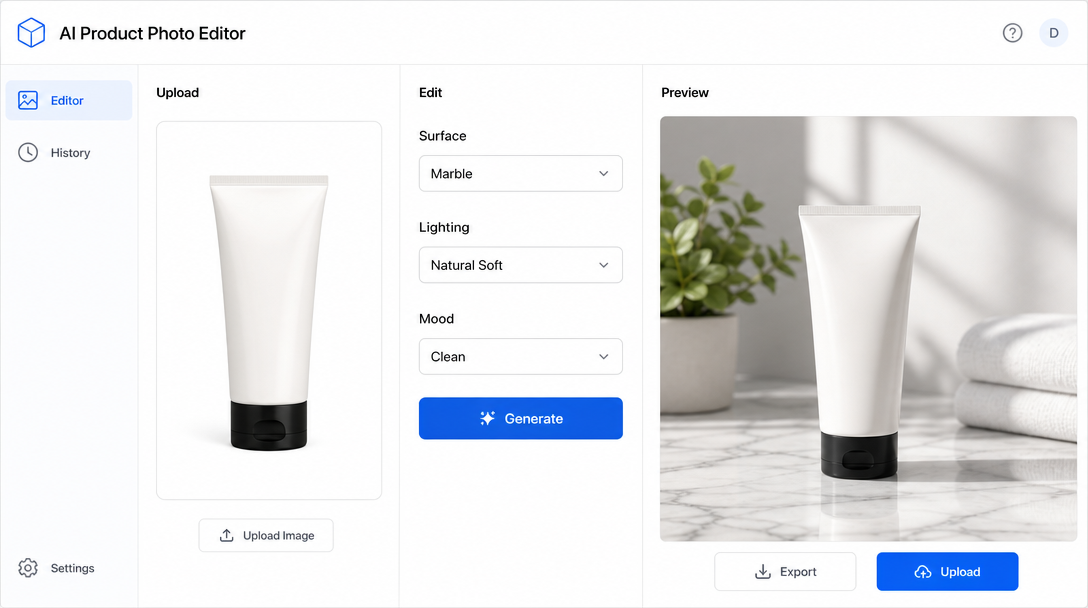 AI product photo editor: left column shows an uploaded unbranded packshot on a plain background; center panel has 'Surface', 'Lighting', and 'Mood'