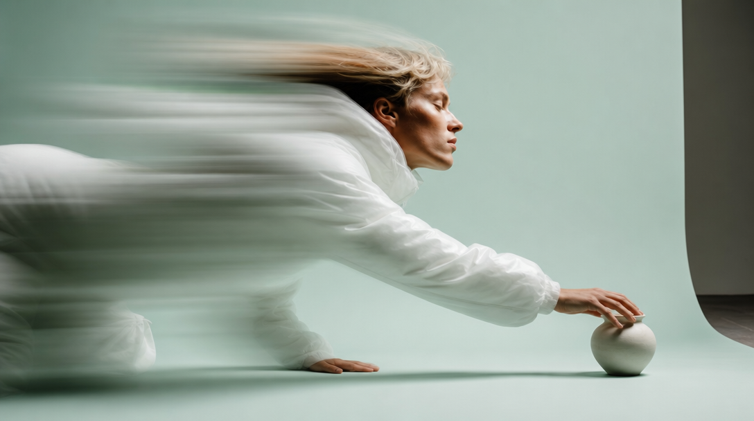 Person mid-reach over a white paper sweep backdrop, carefully positioning a small unbranded ceramic vessel, three-quarter angle, mint studio setting