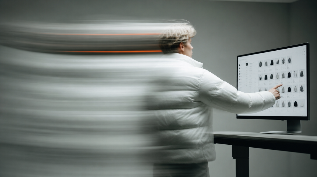 A person mid-turn at a standing workstation, arm outstretched toward a monitor showing a dense grid of product thumbnails, viewed from behind